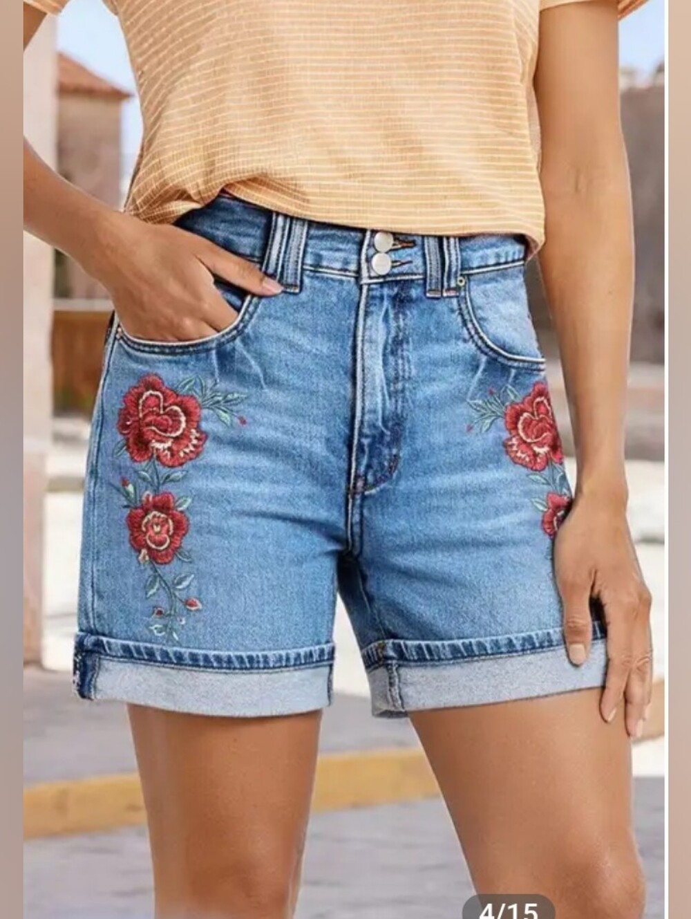 Flamingals Roll Hem Floral Embroidery Mid Waist Denim Shorts NWT